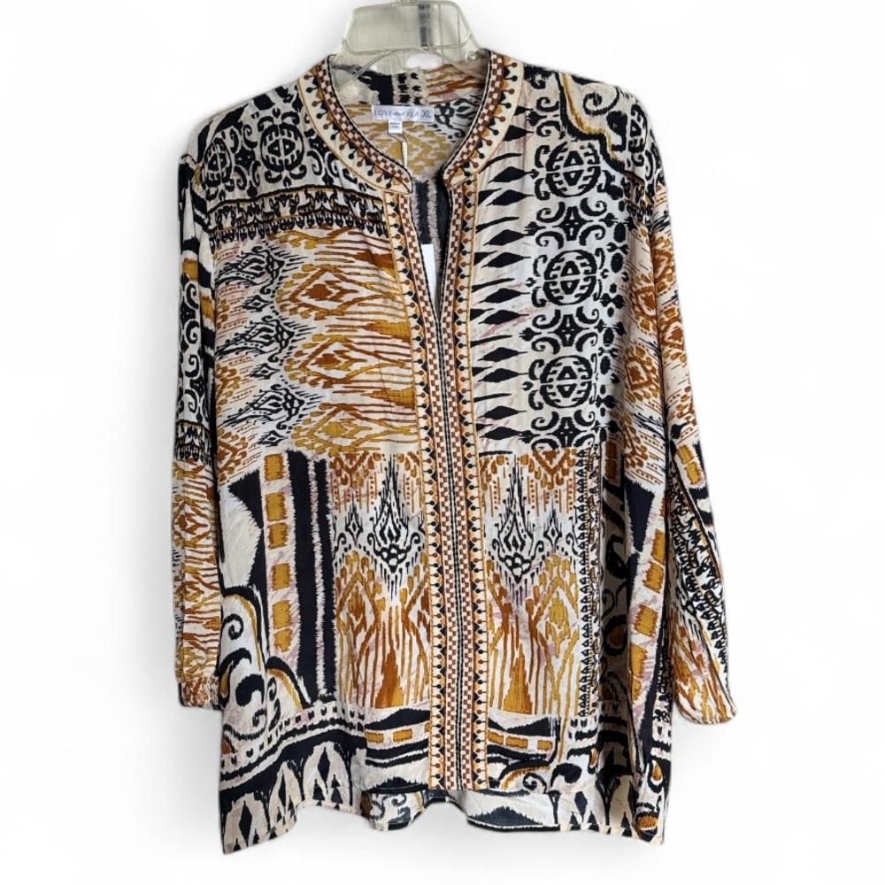 LOVE KYLA Caite Gold Black Neutrals Tribal Print V-Neck Blouse Top Size XL NEW